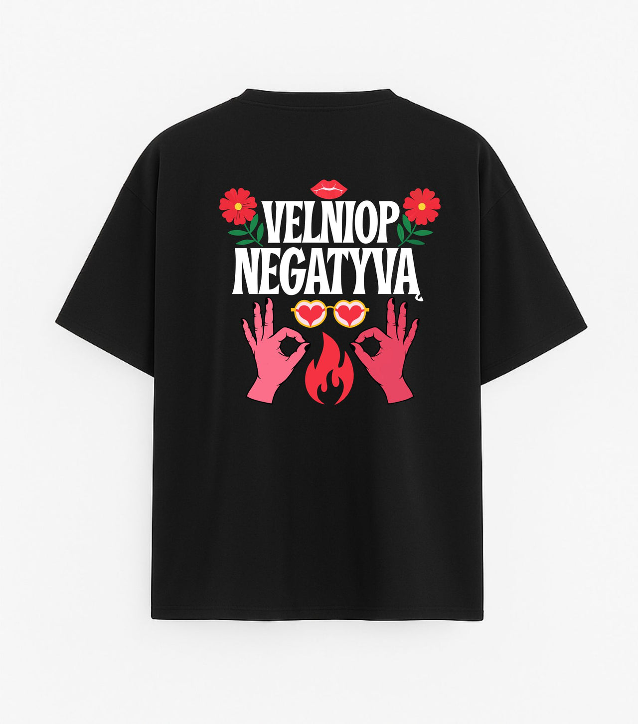 JUODI OVERSIZED MARŠKINĖLIAI "VELNIOP NEGATYVĄ"