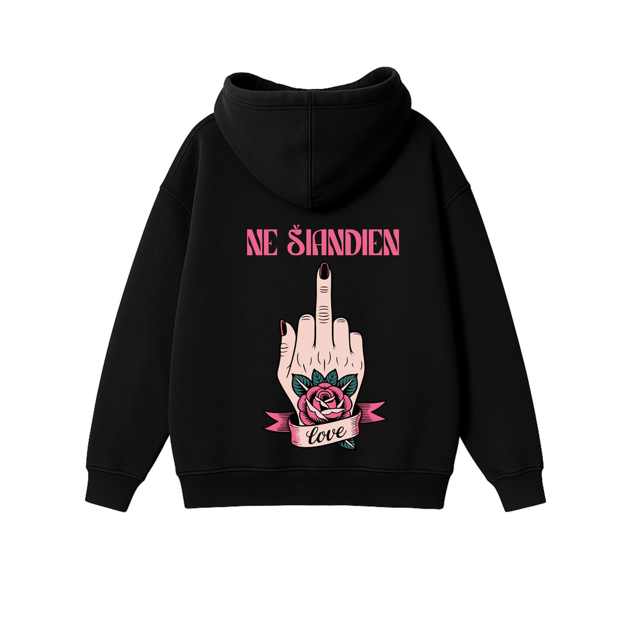 JUODAS OVERSIZED STOROS MEDŽIAGOS DŽEMPERIS "NE ŠIANDIEN"