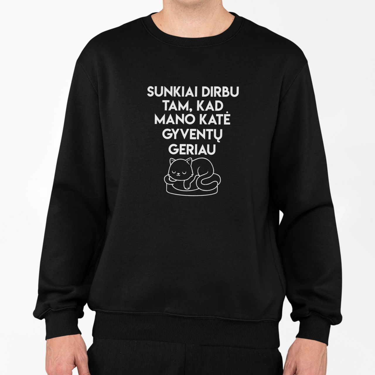 Juodas džemperis be gobtuvo "Sunkiai dirbu"